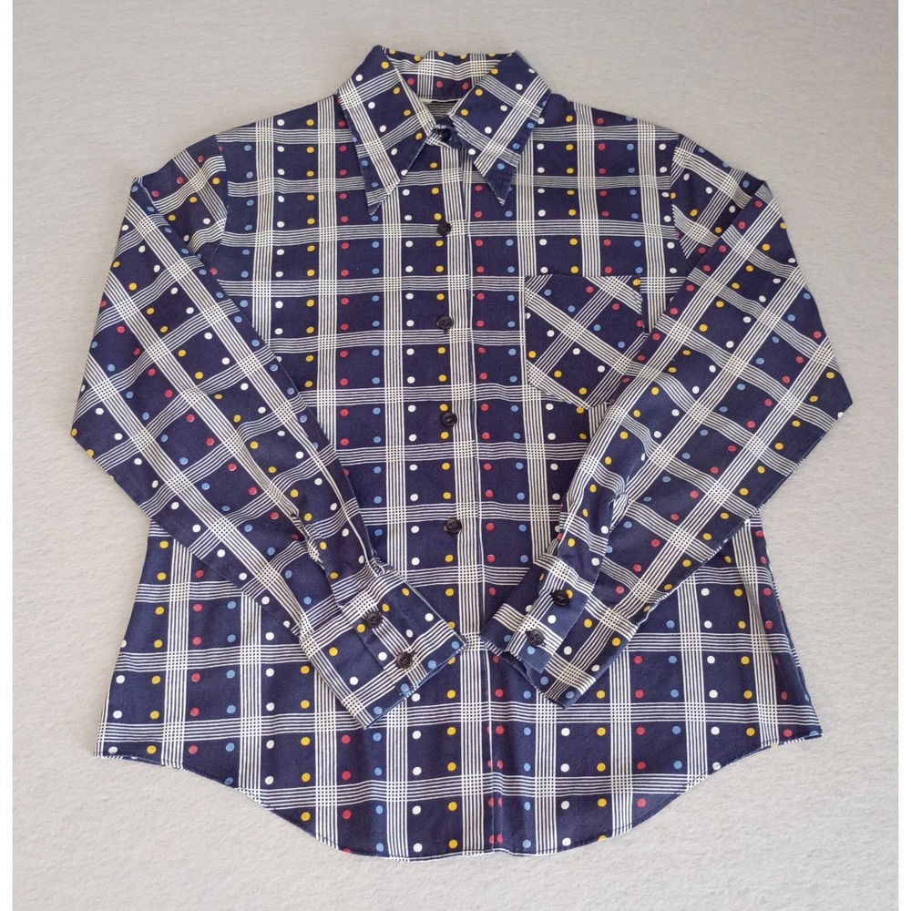 Vintage 70s Kmart Long Sleeve Polyester Cotton Shirt Size 34 Small Geometric Dot